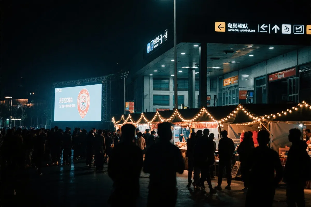 费城球迷广场夜景：大屏观赛人群、步行指示牌与公共交通入口